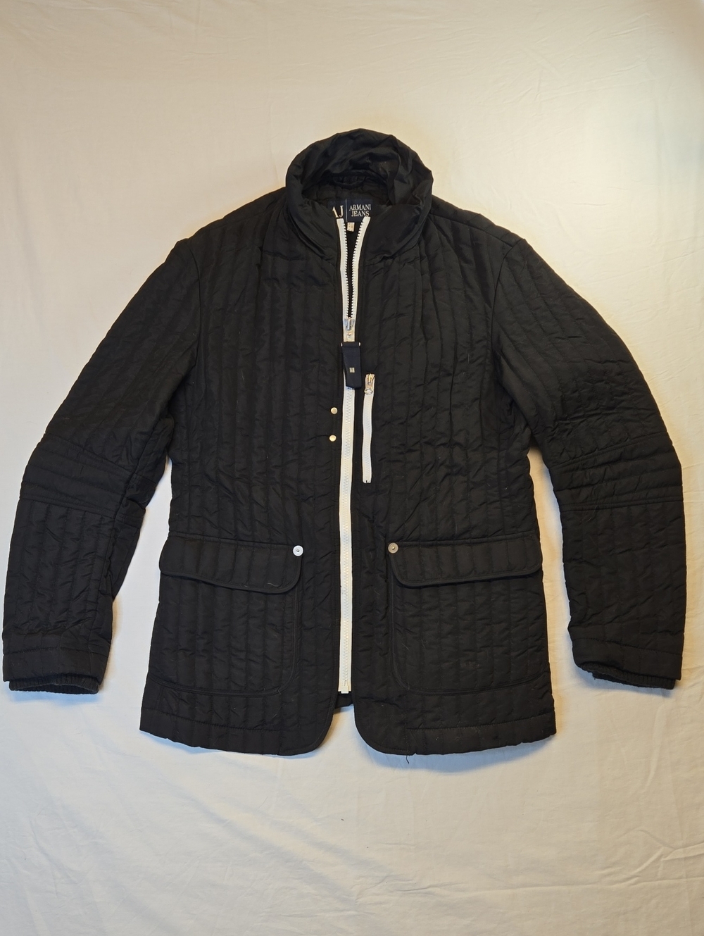 Armani Jeans Black Quilted Full Zip Collar Lightweight Jacket with White Zippers